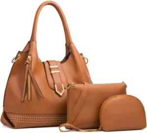 Tote Handbag for Women Pu Leather Rivets Shoulder Crossbody Bag Satchel Clutch Purses 3 Pcs Set
