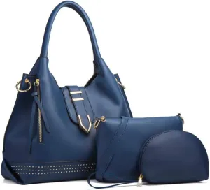 Tote Handbag for Women Pu Leather Rivets Shoulder Crossbody Bag Satchel Clutch Purses 3 Pcs Set