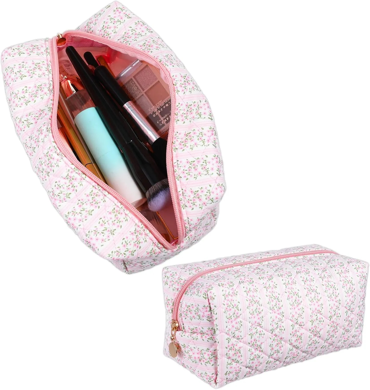 Travel Toiletry Bag for Women Makeup Bag Cosmetic Bags for Women Girls Zipper Make Up Pouch Floral Flowers Toiletry Organizer Skin Care Portable Brushes Set Storage Cloth Bags (Pink)