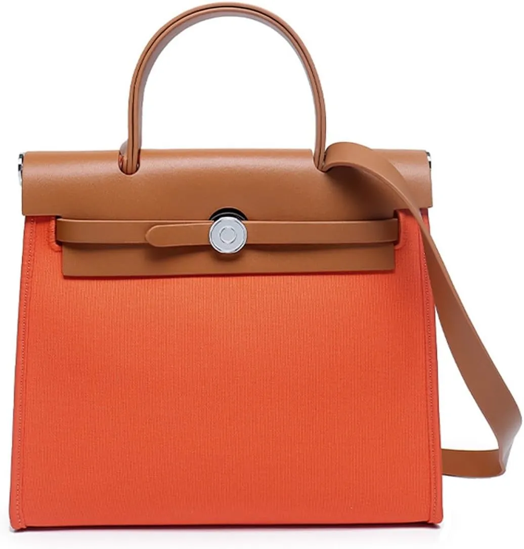 Trendy Top Handle Bags for Women,Classic Leather and Canvas Satchel small Purses Handbags Crossbody with Adjustable Strap