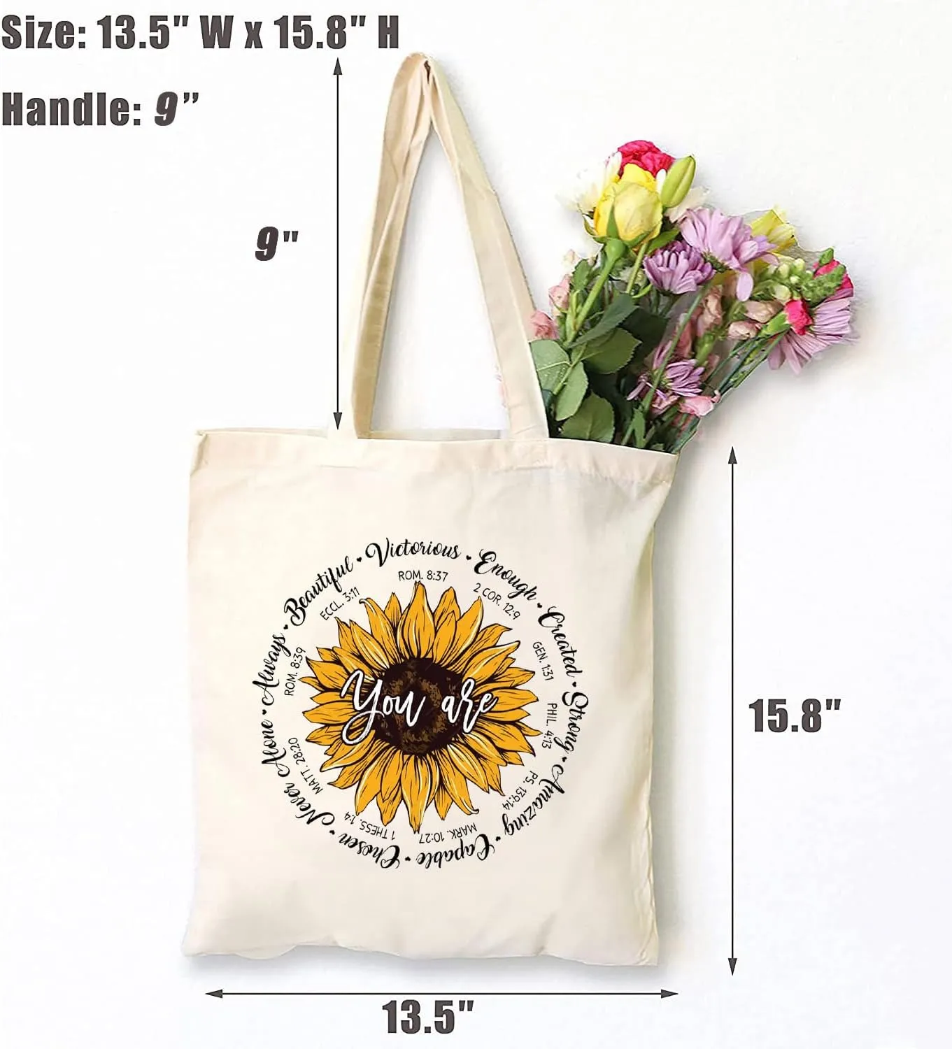 TSIIUO You Are Christian Bible Verse Sayings Canvas Tote Bag Women Sunflower Inspiration Blessing Reusable Shopping Bag