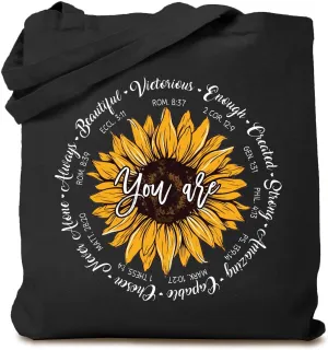 TSIIUO You Are Christian Bible Verse Sayings Canvas Tote Bag Women Sunflower Inspiration Blessing Reusable Shopping Bag