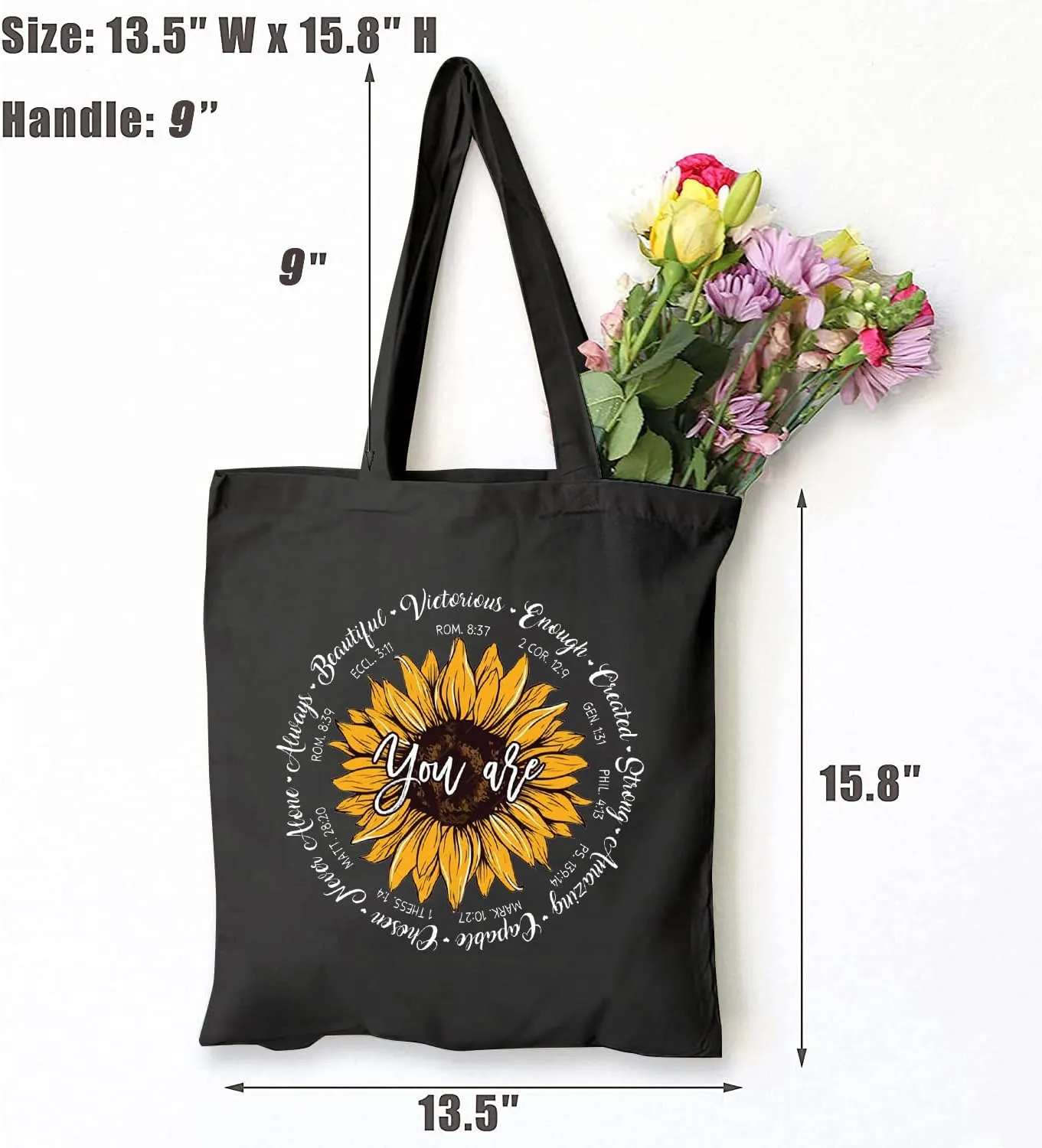 TSIIUO You Are Christian Bible Verse Sayings Canvas Tote Bag Women Sunflower Inspiration Blessing Reusable Shopping Bag