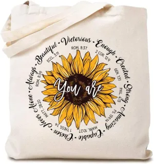 TSIIUO You Are Christian Bible Verse Sayings Canvas Tote Bag Women Sunflower Inspiration Blessing Reusable Shopping Bag