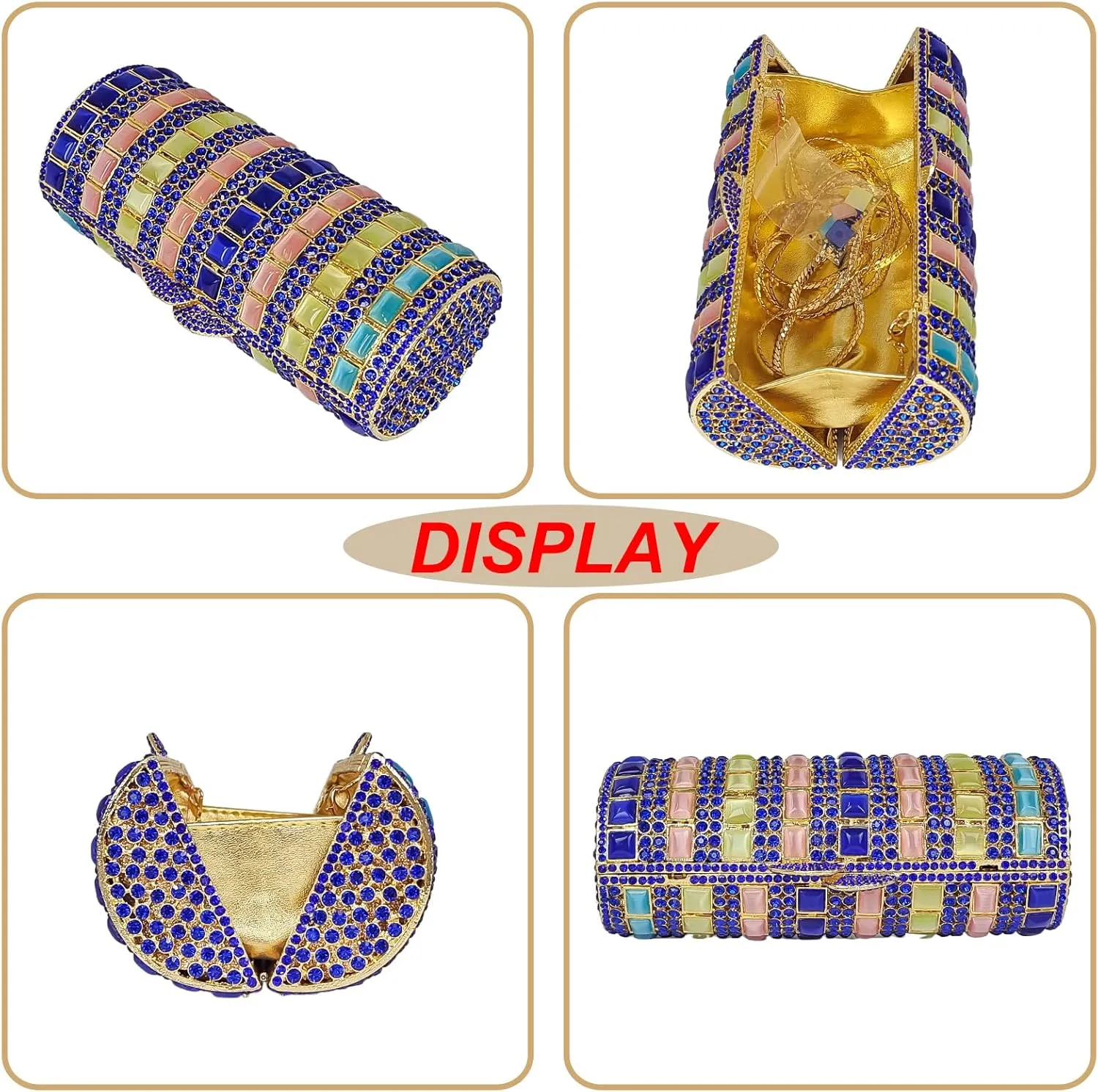 Unique Colorful Mica Chip Cylindrical Evening Bag Elegant Women Crystal Clutch Purse Wedding Party Bag