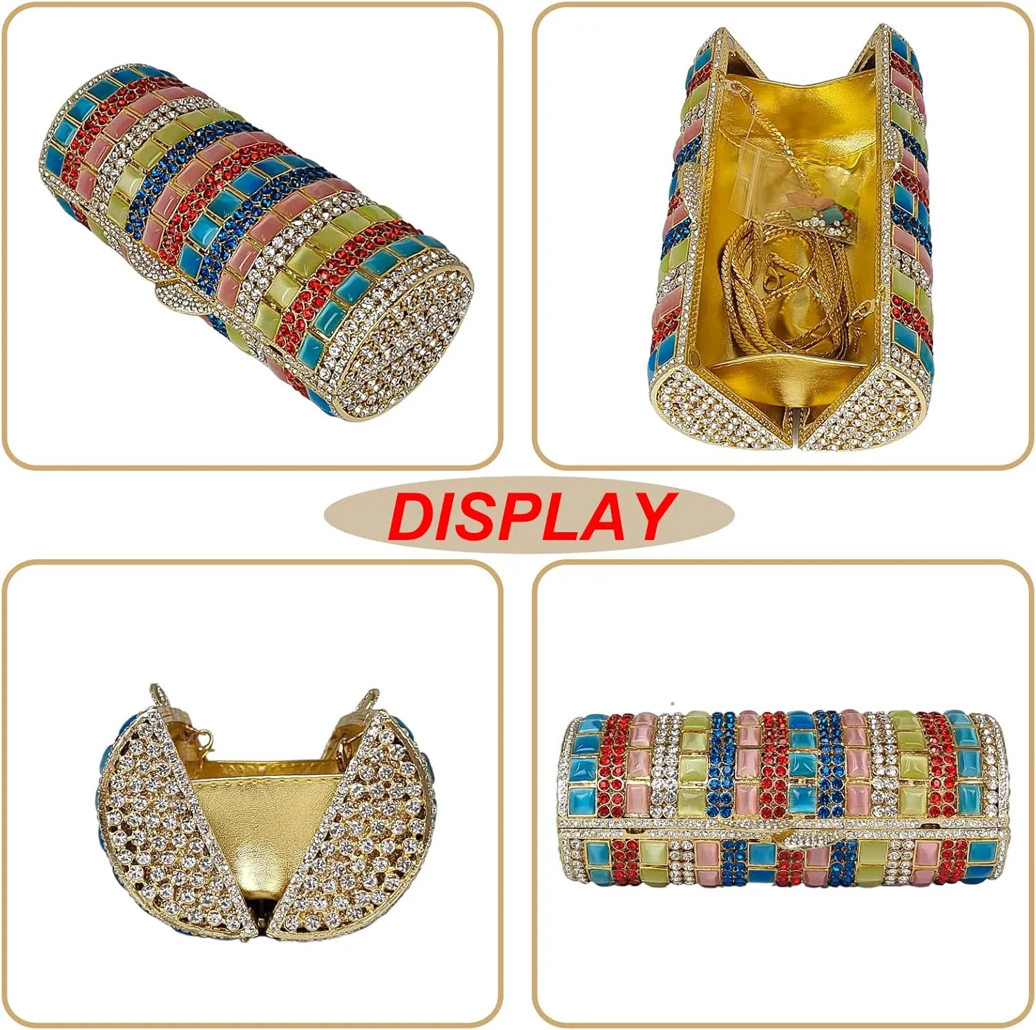 Unique Colorful Mica Chip Cylindrical Evening Bag Elegant Women Crystal Clutch Purse Wedding Party Bag