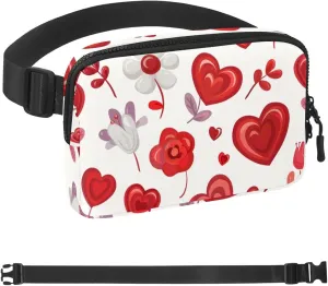 Valentine's Day Heart Flower Fanny Packs for Women Men, Crossbody Belt Bag with Zipper Pockets,Waterproof Waist Packs with Adjustable Strap for Workout Running Traveling Hiking