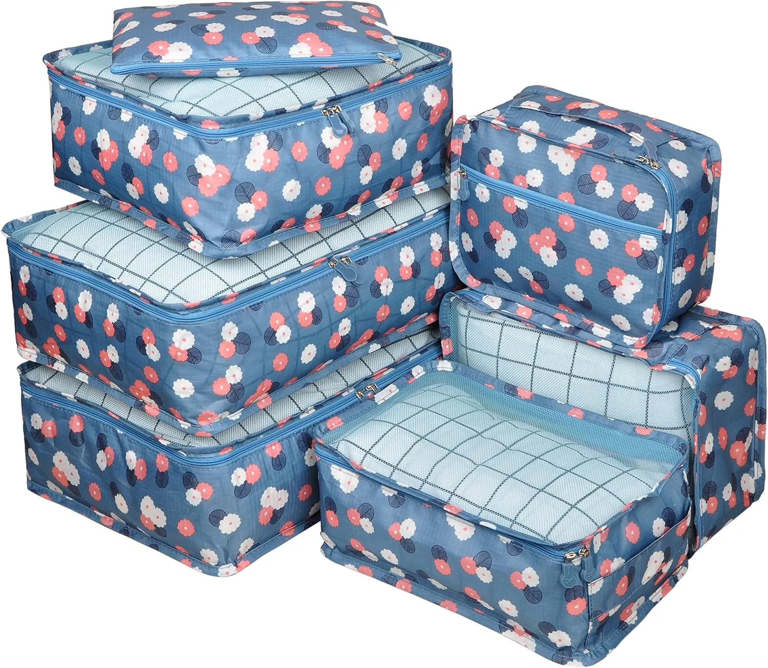 Vercord 7 Set Travel Packing Organizers Cubes Luggage Suitcase Organizer Bags Clothes Underwear Cube Shoe Pouch Pack Blue Flower