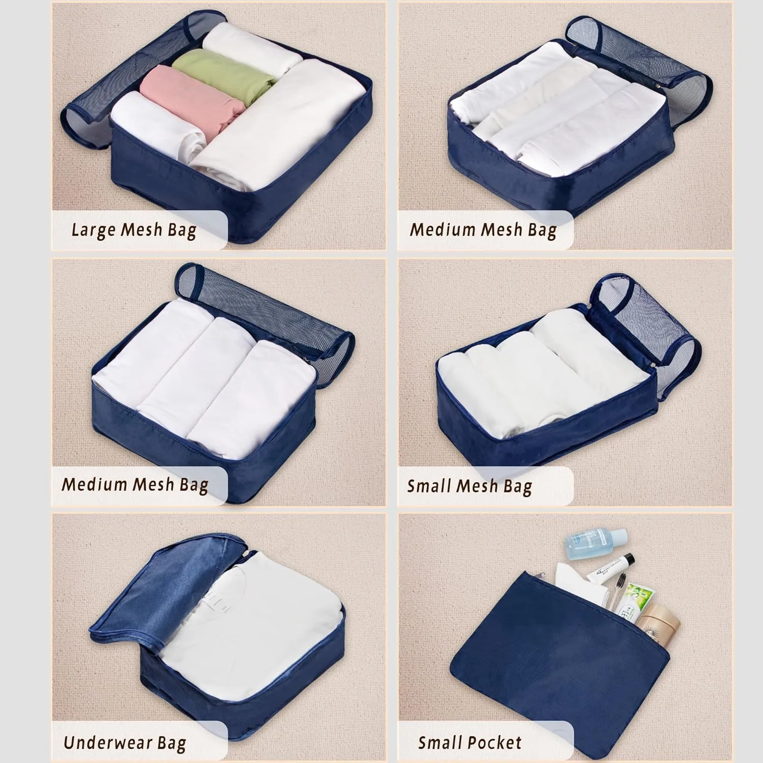 Vercord 7 Set Travel Packing Organizers Cubes Luggage Suitcase Organizer Bags Clothes Underwear Cube Shoe Pouch Pack Dark Blue