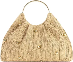 Verdusa Women's Elegant Ruched Beaded Evening Handbag Magnet Zipper Double Handle Clutch Purse