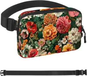 Vintage Garden Flowers Fanny Packs for Women Men, Crossbody Belt Bag with Zipper Pockets,Waterproof Waist Packs with Adjustable Strap for Workout Running Traveling Hiking