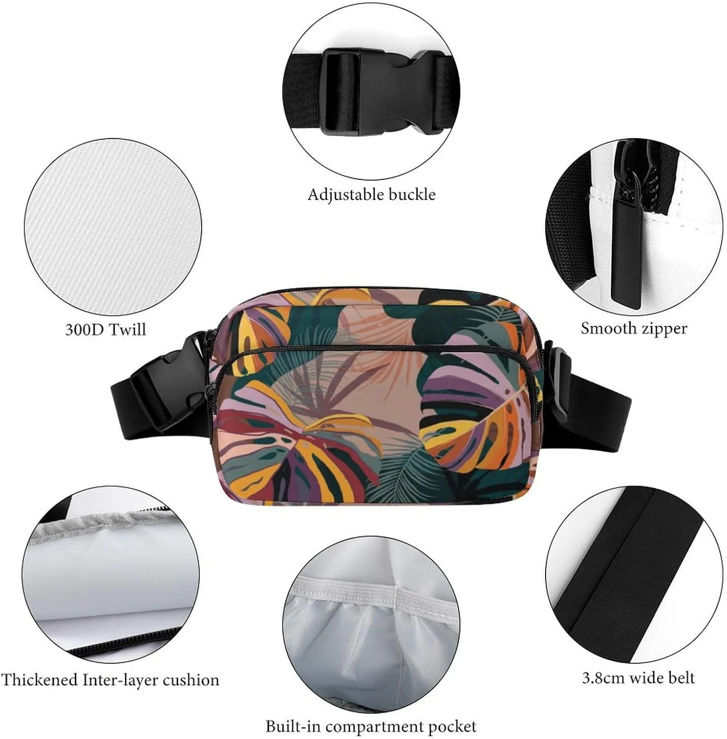 Vintage Tropical Palm Leaves Fanny Pack Belt Bag with Adjustable Strap Colourful Modern Waist Packs Small Pouch Crossbody Bags for Hiking Running Cycling Traveling