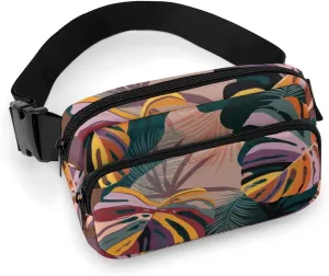 Vintage Tropical Palm Leaves Fanny Pack Belt Bag with Adjustable Strap Colourful Modern Waist Packs Small Pouch Crossbody Bags for Hiking Running Cycling Traveling