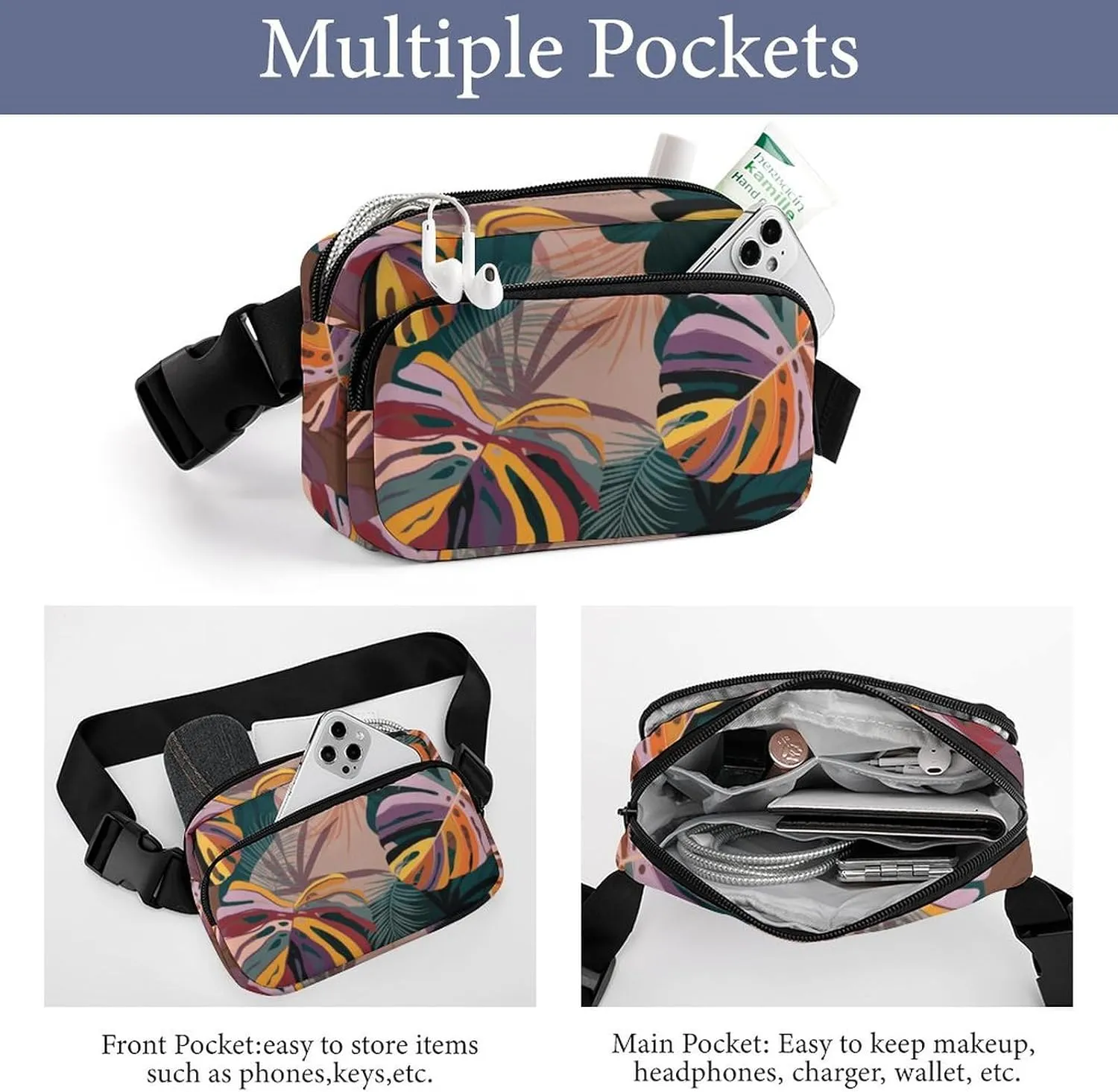 Vintage Tropical Palm Leaves Fanny Pack Belt Bag with Adjustable Strap Colourful Modern Waist Packs Small Pouch Crossbody Bags for Hiking Running Cycling Traveling