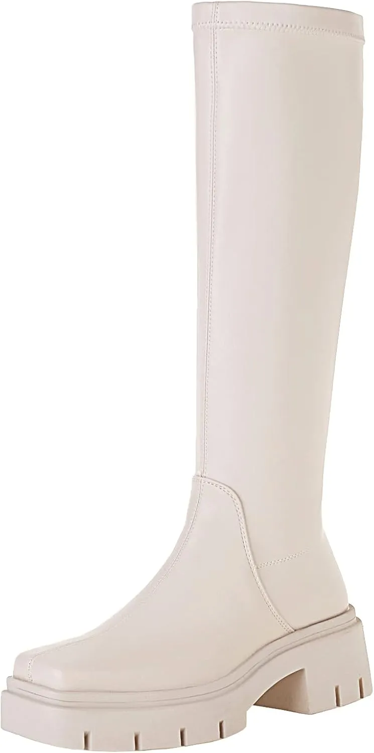 vivianly Women's Fashion Knee High Boots Chunky Block Heel Square Toe Zipper Long Boot