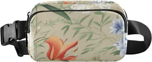 White Blue Flowers Tulips Beige Trendy Waist Pack Crossbody Bag for Women Men Teens Water Resistant Crossbody Sport Bag with Adjustable Strap for Workout Running Hiking