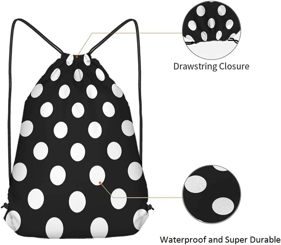 White Polka Dots Drawstring Bags Backpack Bag Big Circle Black Retro Background Simple Texture Fashion Print Sport Gym Sack Drawstring Bag String Bag Yoga Bag for Men Women