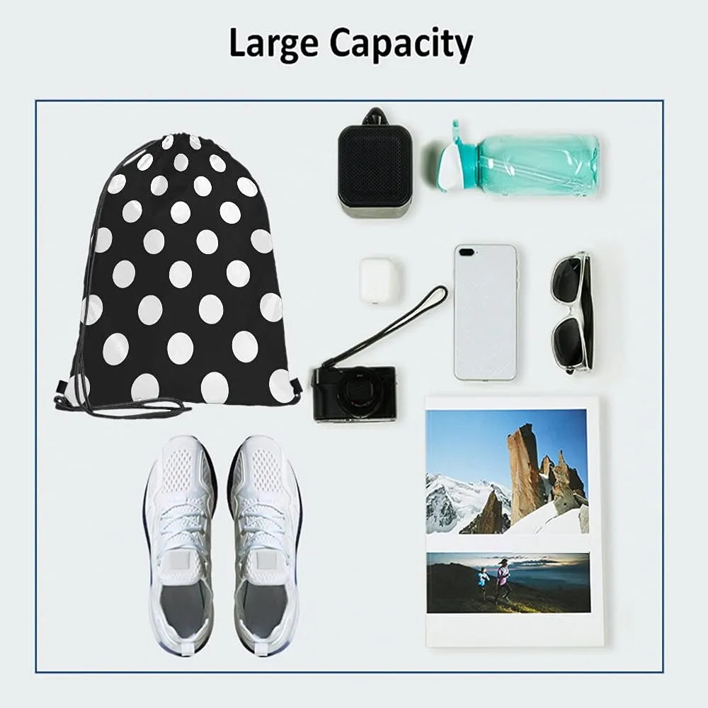 White Polka Dots Drawstring Bags Backpack Bag Big Circle Black Retro Background Simple Texture Fashion Print Sport Gym Sack Drawstring Bag String Bag Yoga Bag for Men Women