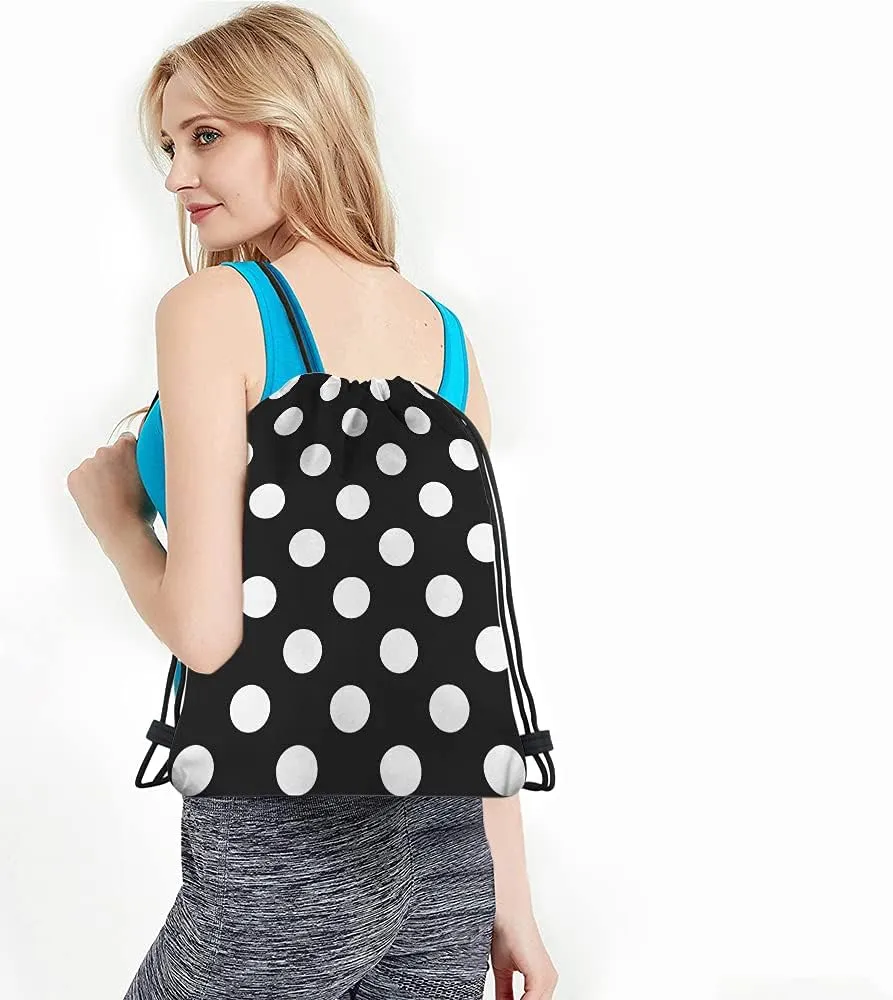 White Polka Dots Drawstring Bags Backpack Bag Big Circle Black Retro Background Simple Texture Fashion Print Sport Gym Sack Drawstring Bag String Bag Yoga Bag for Men Women