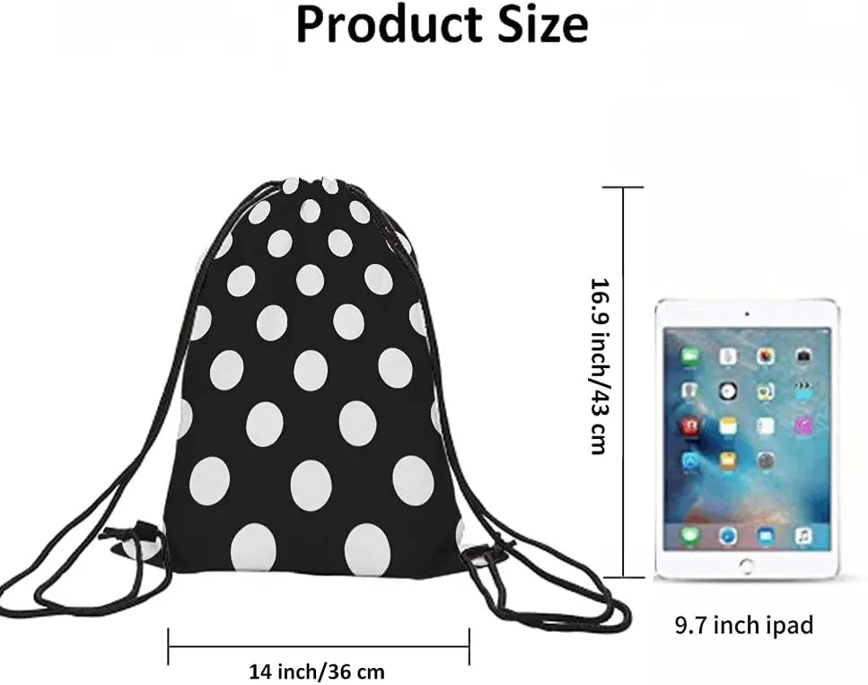White Polka Dots Drawstring Bags Backpack Bag Big Circle Black Retro Background Simple Texture Fashion Print Sport Gym Sack Drawstring Bag String Bag Yoga Bag for Men Women