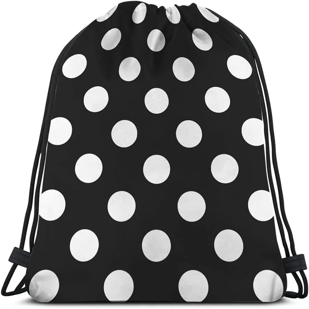White Polka Dots Drawstring Bags Backpack Bag Big Circle Black Retro Background Simple Texture Fashion Print Sport Gym Sack Drawstring Bag String Bag Yoga Bag for Men Women