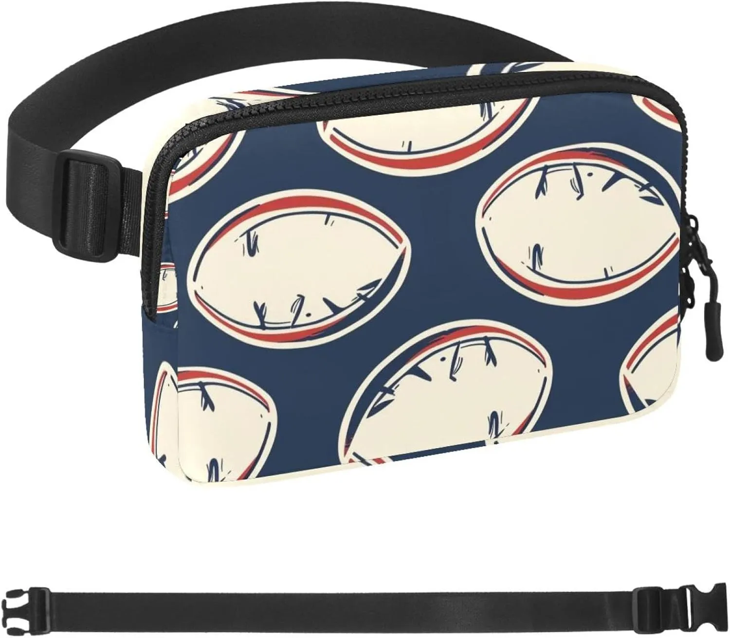 White Rugby Ball Pattern Fanny Packs for Women Men, Crossbody Belt Bag with Zipper Pockets,Waterproof Waist Packs with Adjustable Strap for Workout Running Traveling Hiking