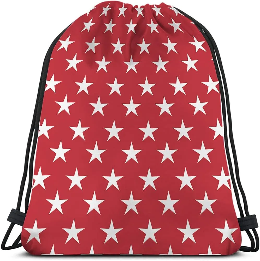 White Stars Drawstring Bags Backpack Bag Abstract USA Star Design On The Red Background Cool Symbol Sign Sport Gym Sack Drawstring Bag String Bag Yoga Bag for Men Women