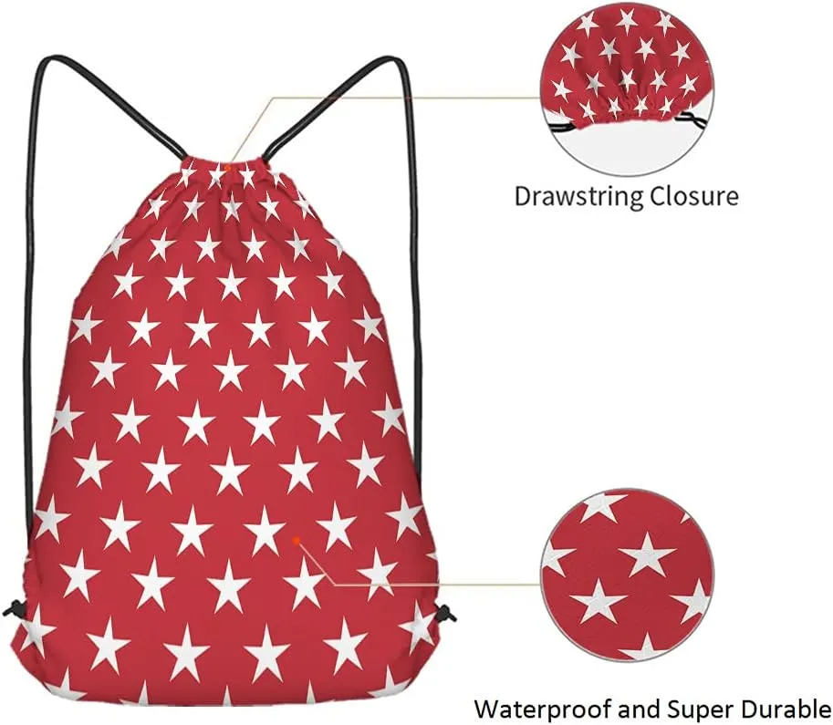 White Stars Drawstring Bags Backpack Bag Abstract USA Star Design On The Red Background Cool Symbol Sign Sport Gym Sack Drawstring Bag String Bag Yoga Bag for Men Women