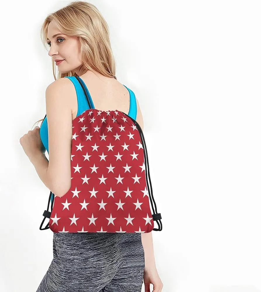 White Stars Drawstring Bags Backpack Bag Abstract USA Star Design On The Red Background Cool Symbol Sign Sport Gym Sack Drawstring Bag String Bag Yoga Bag for Men Women