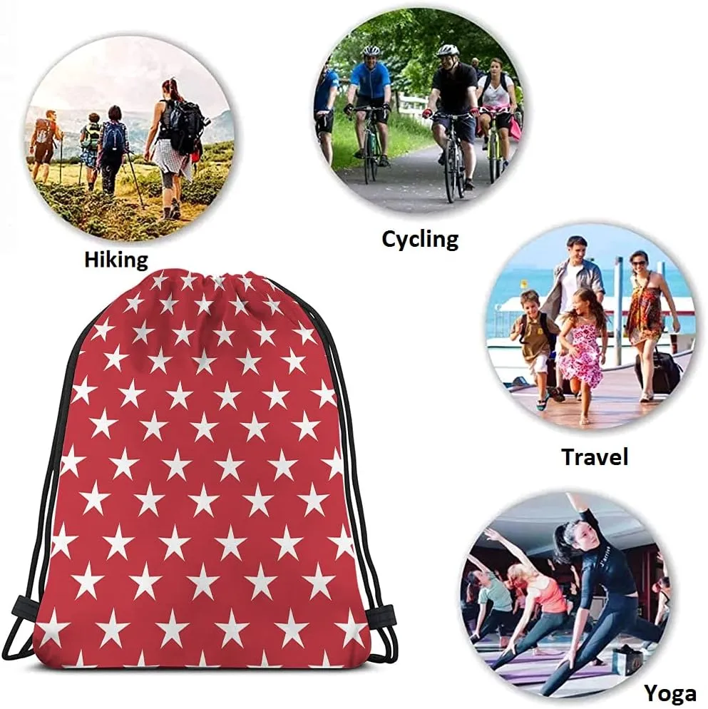 White Stars Drawstring Bags Backpack Bag Abstract USA Star Design On The Red Background Cool Symbol Sign Sport Gym Sack Drawstring Bag String Bag Yoga Bag for Men Women