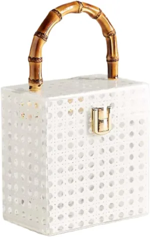 Women Elegant Rattan Acrylic Handbag Stylish Marbling Evening Bag Square Box Clutch Purse for Seaside Beach Party