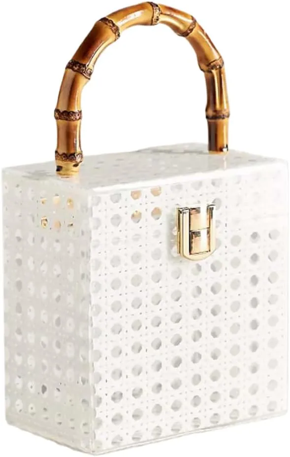 Women Elegant Rattan Acrylic Handbag Stylish Marbling Evening Bag Square Box Clutch Purse for Seaside Beach Party
