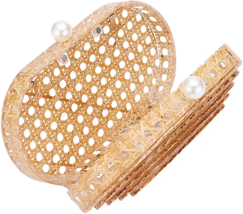 Women Elegant Rattan Acrylic Handbag Stylish Marbling Evening Bag Square Box Clutch Purse for Seaside Beach Party