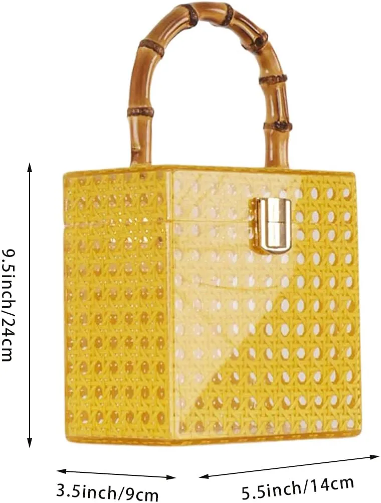 Women Elegant Rattan Acrylic Handbag Stylish Marbling Evening Bag Square Box Clutch Purse for Seaside Beach Party