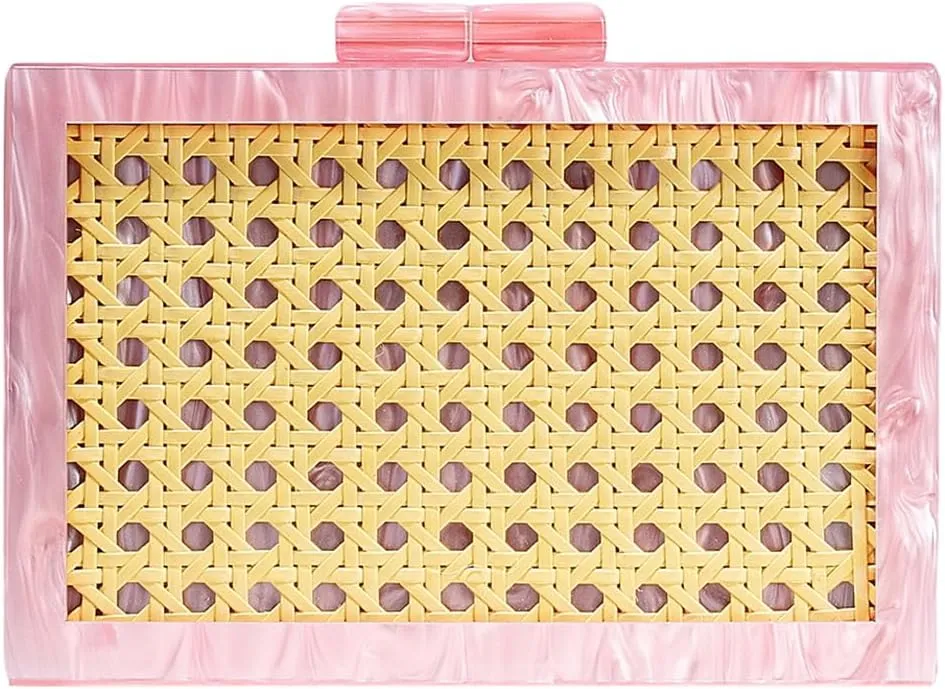 Women Elegant Rattan Acrylic Handbag Stylish Marbling Evening Bag Square Box Clutch Purse for Seaside Beach Party
