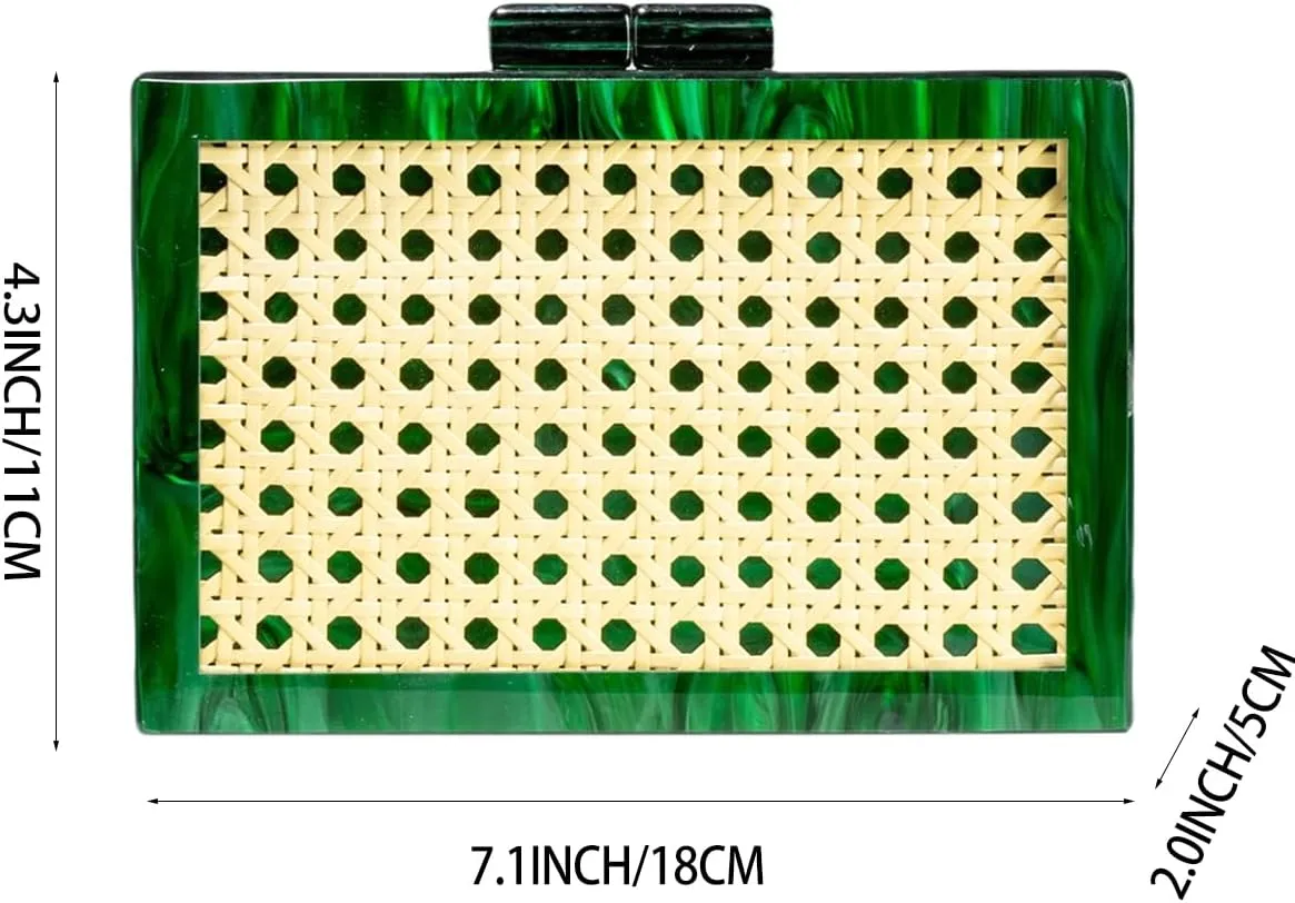 Women Elegant Rattan Acrylic Handbag Stylish Marbling Evening Bag Square Box Clutch Purse for Seaside Beach Party