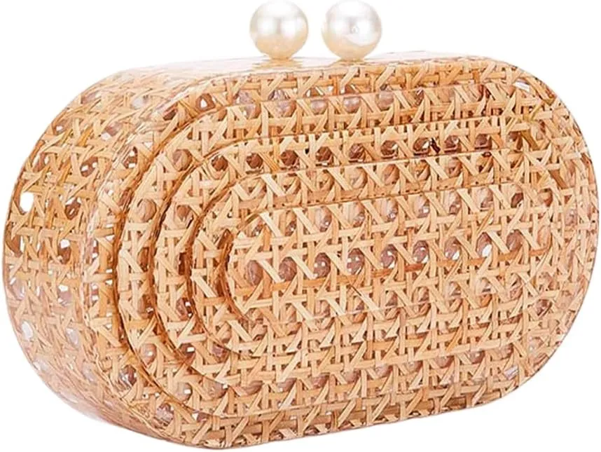 Women Elegant Rattan Acrylic Handbag Stylish Marbling Evening Bag Square Box Clutch Purse for Seaside Beach Party