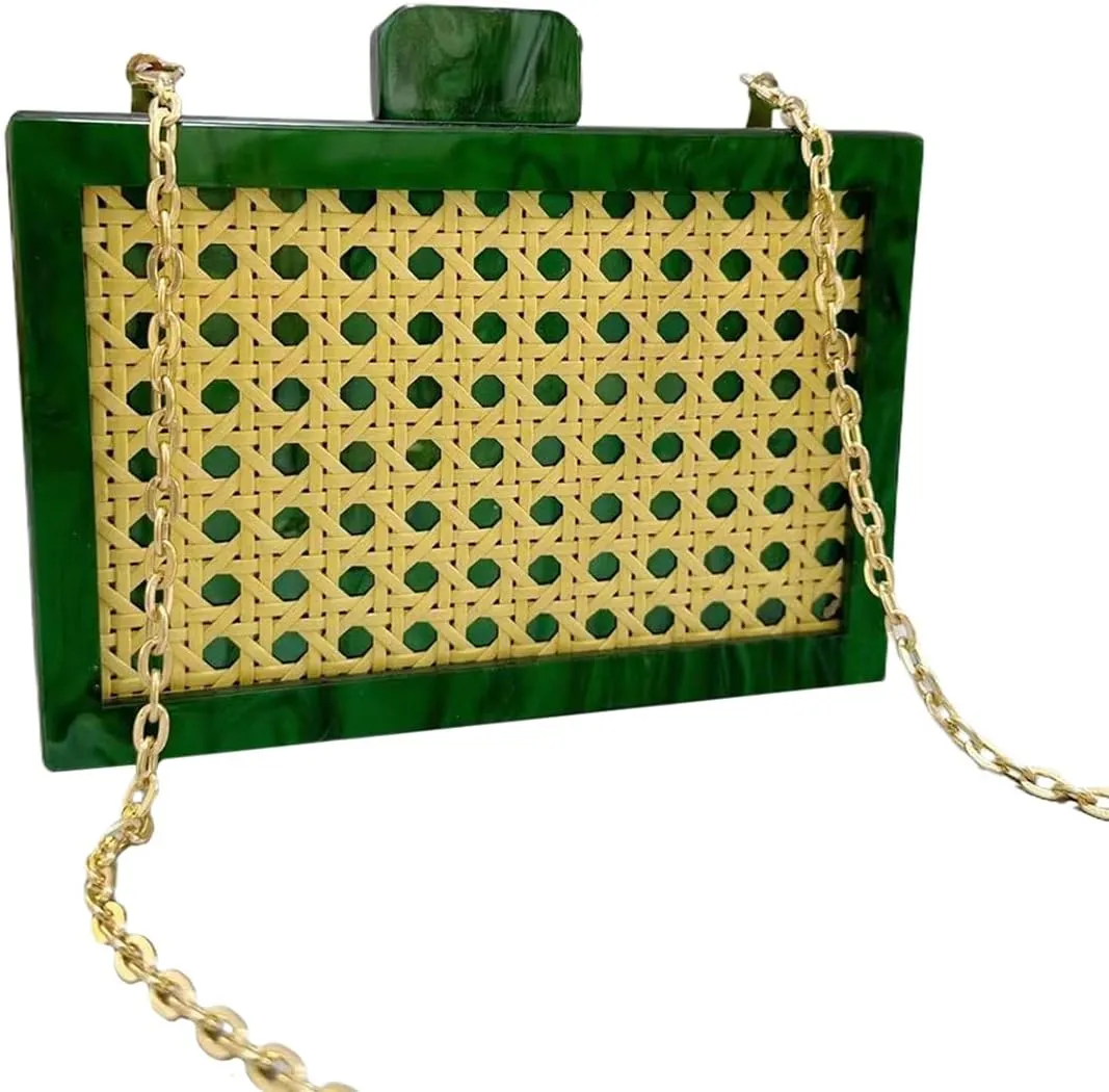 Women Elegant Rattan Acrylic Handbag Stylish Marbling Evening Bag Square Box Clutch Purse for Seaside Beach Party