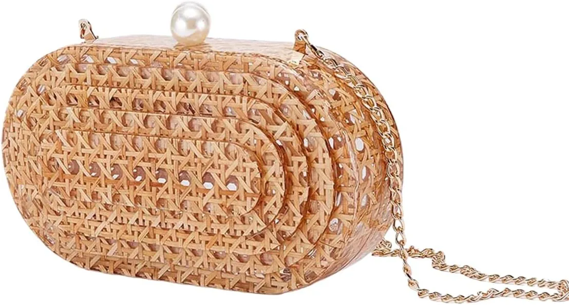 Women Elegant Rattan Acrylic Handbag Stylish Marbling Evening Bag Square Box Clutch Purse for Seaside Beach Party