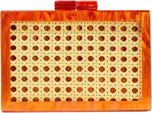 Women Elegant Rattan Acrylic Handbag Stylish Marbling Evening Bag Square Box Clutch Purse for Seaside Beach Party