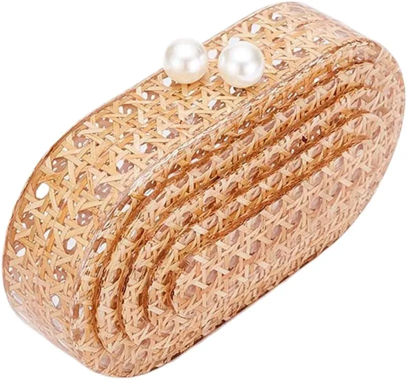 Women Elegant Rattan Acrylic Handbag Stylish Marbling Evening Bag Square Box Clutch Purse for Seaside Beach Party