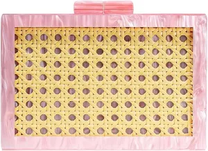 Women Elegant Rattan Acrylic Handbag Stylish Marbling Evening Bag Square Box Clutch Purse for Seaside Beach Party