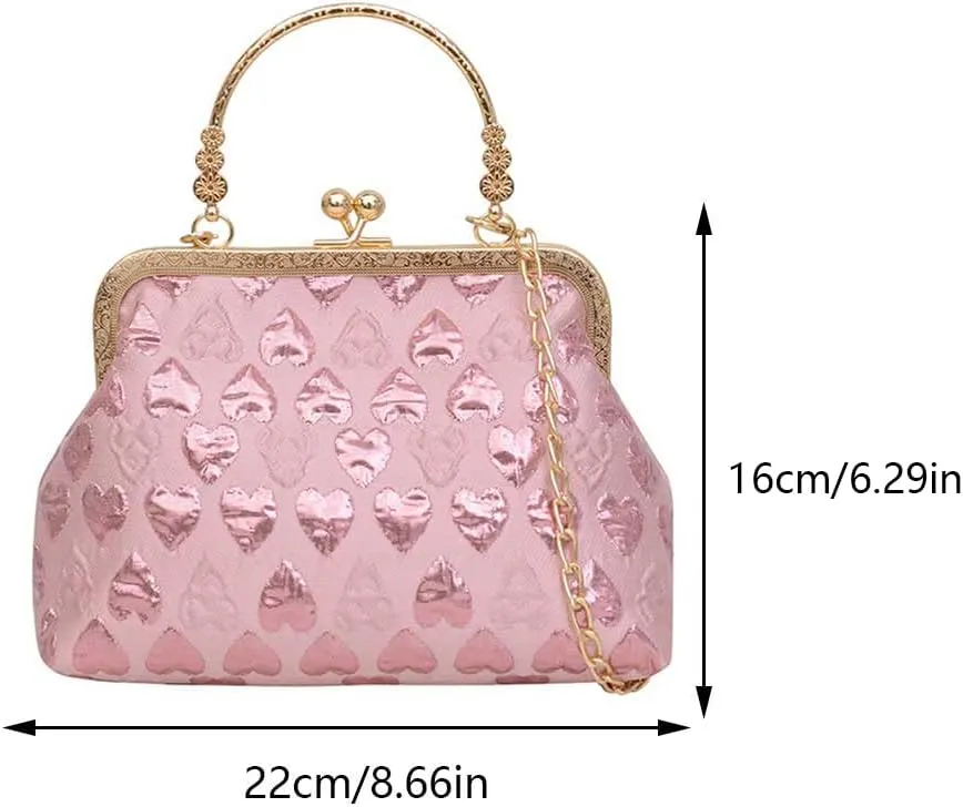 Women Evening Clutch Purses Heart Pattern Vintage Evening Bag Chain Strap Ladies Elegant Handbag Top Handle Bag for