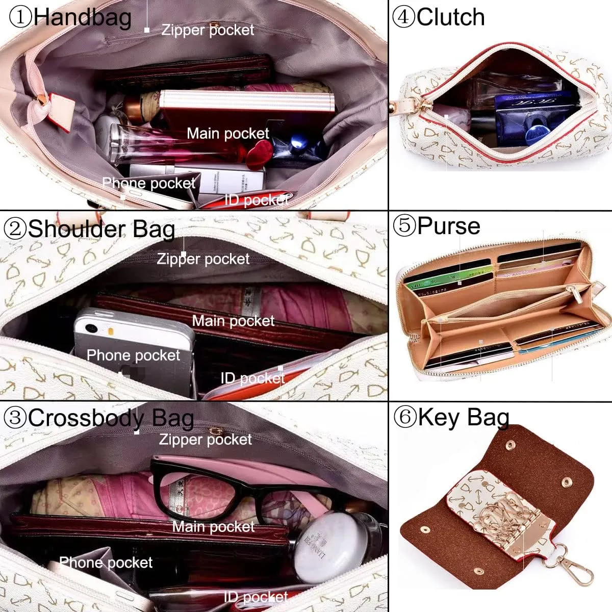 Women Handbag Set 6 Pcs PU Leather Tote Purse Multi-purpose Classic Shoulder Bag Top Handle Bag Satchel(Coffee)