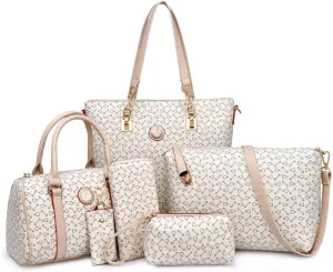 Women Handbag Set 6 Pcs PU Leather Tote Purse Multi-purpose Classic Shoulder Bag Top Handle Bag Satchel(Coffee)