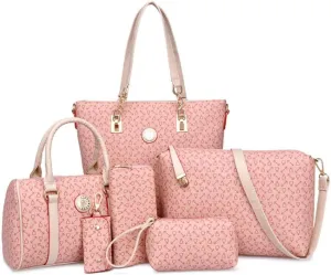Women Handbag Set 6 Pcs PU Leather Tote Purse Multi-purpose Classic Shoulder Bag Top Handle Bag Satchel(Coffee)