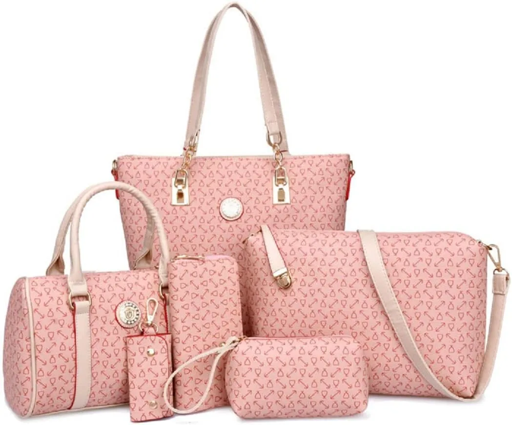 Women Handbag Set 6 Pcs PU Leather Tote Purse Multi-purpose Classic Shoulder Bag Top Handle Bag Satchel(Coffee)