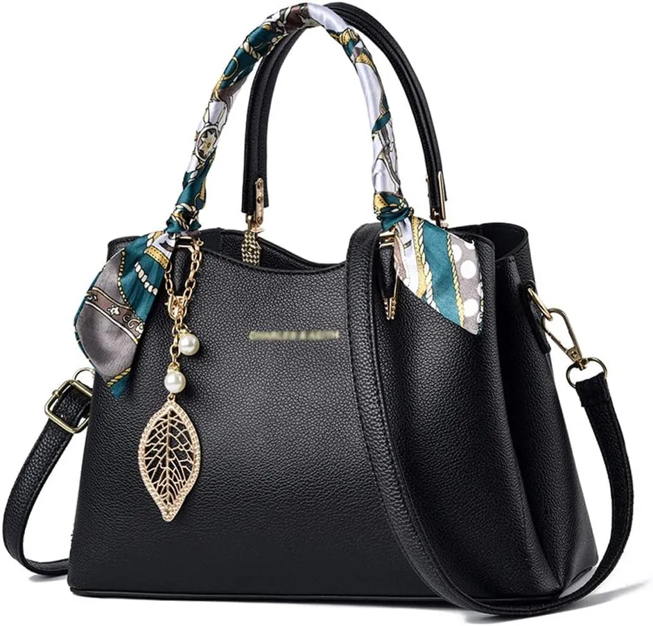 Women Handbags Classic Top Handle Handbag Vegan Leather Satchel Tote Bags Zip Purse Shoulder Bag with Silk Scarf