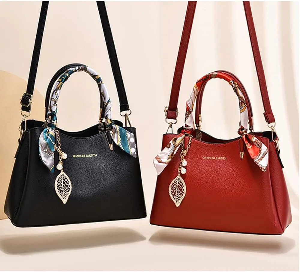 Women Handbags Classic Top Handle Handbag Vegan Leather Satchel Tote Bags Zip Purse Shoulder Bag with Silk Scarf