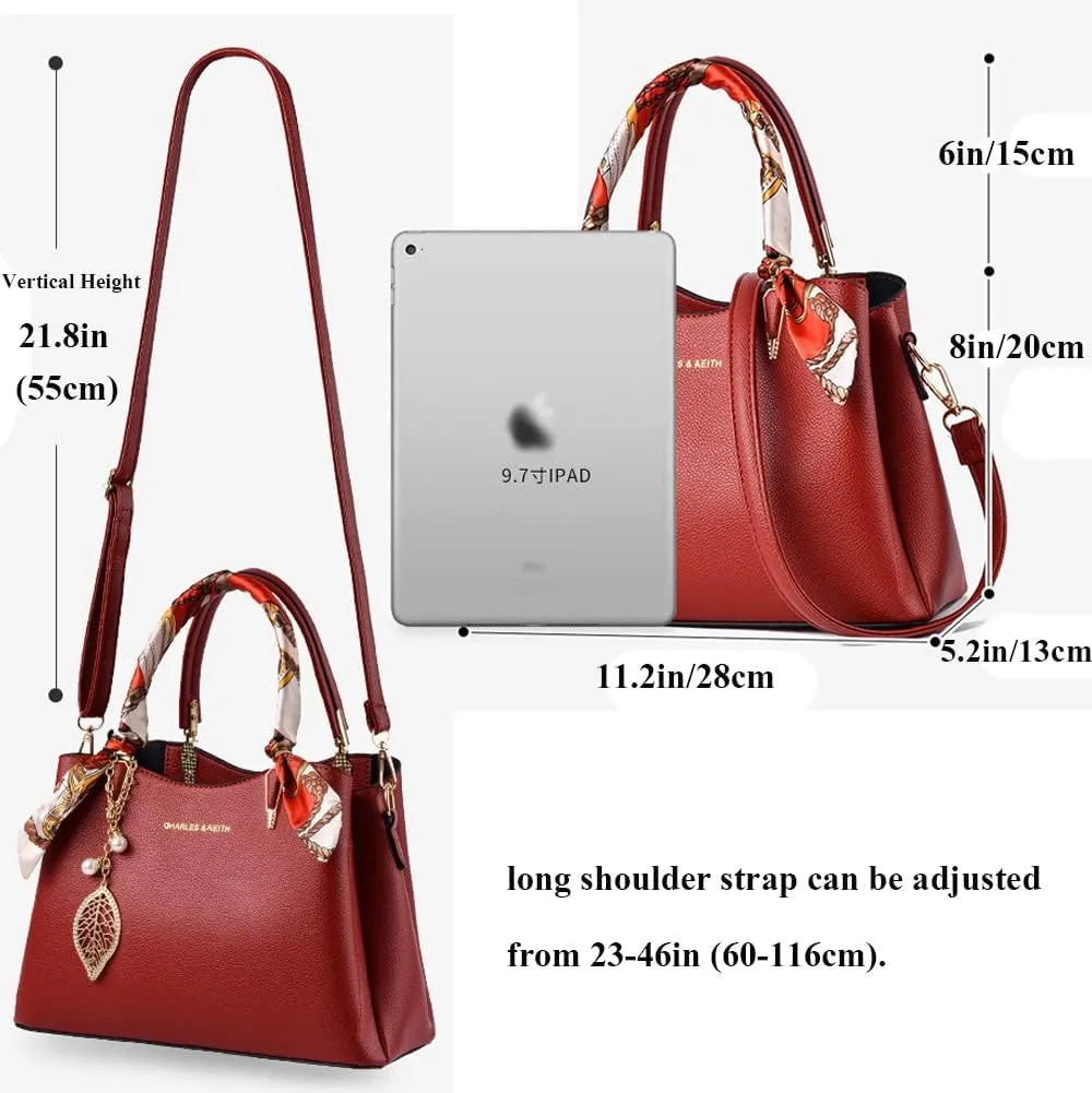 Women Handbags Classic Top Handle Handbag Vegan Leather Satchel Tote Bags Zip Purse Shoulder Bag with Silk Scarf